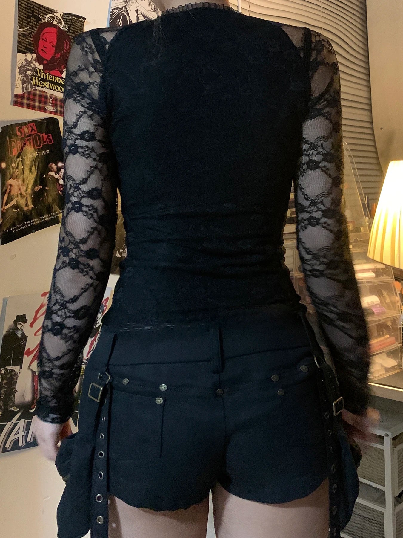 Lace Patchwork Long Sleeves Slim Tee Shirts V-neck Bow Black Top