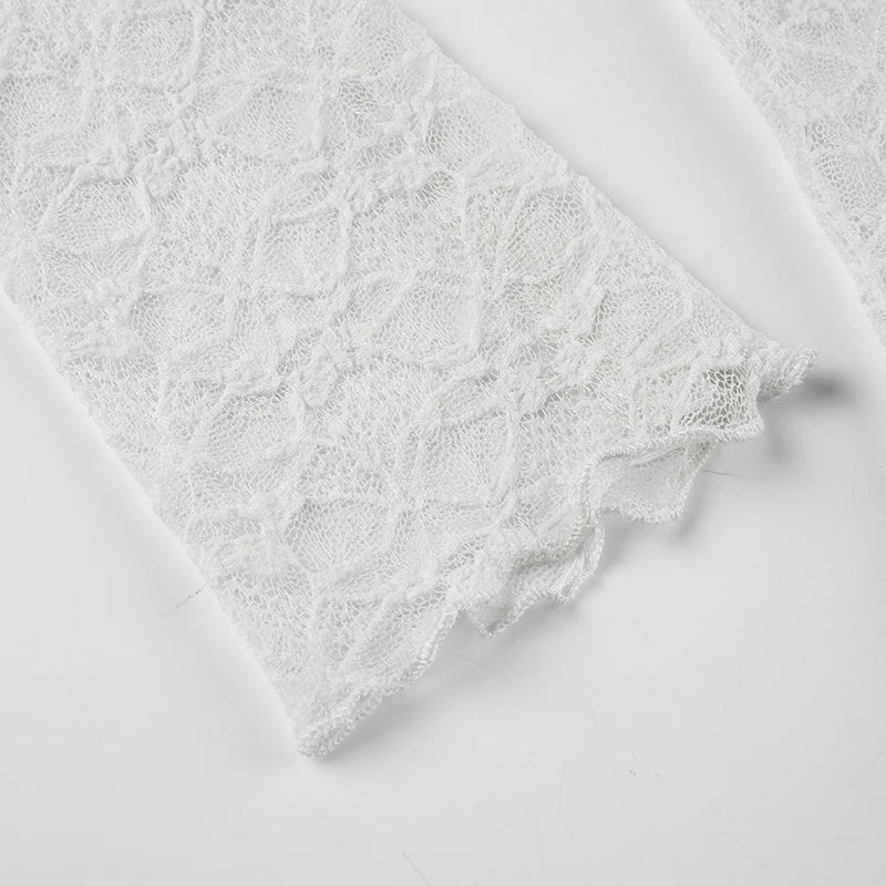 Crewneck See-through Lace Tee Shirt Long Sleeve Top