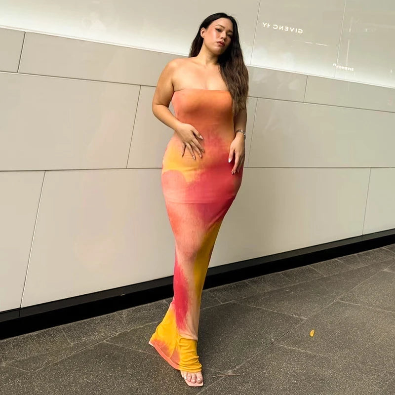 'S Color Collision Patchwork Strapless Waisted Package Hip See-Through Print Dress