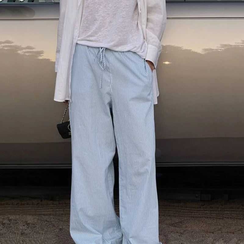 Striped Print Loose Trousers Lace-up Joggers Baggy Pants Bottoms