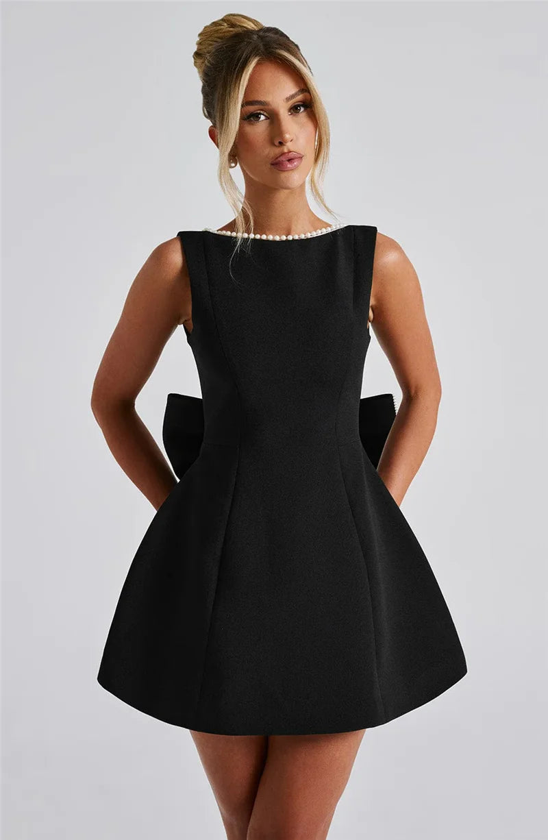 Pearl Bow Backless Mini Dress Zipper Sleeveless High Waist A-line Dress