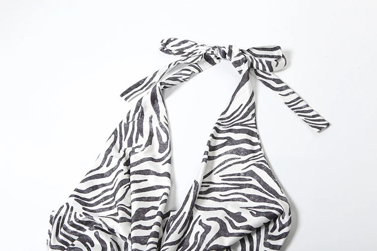 Zebra Maxi Dress Deep Swing Collar Halter Backless Sleeveless Fad