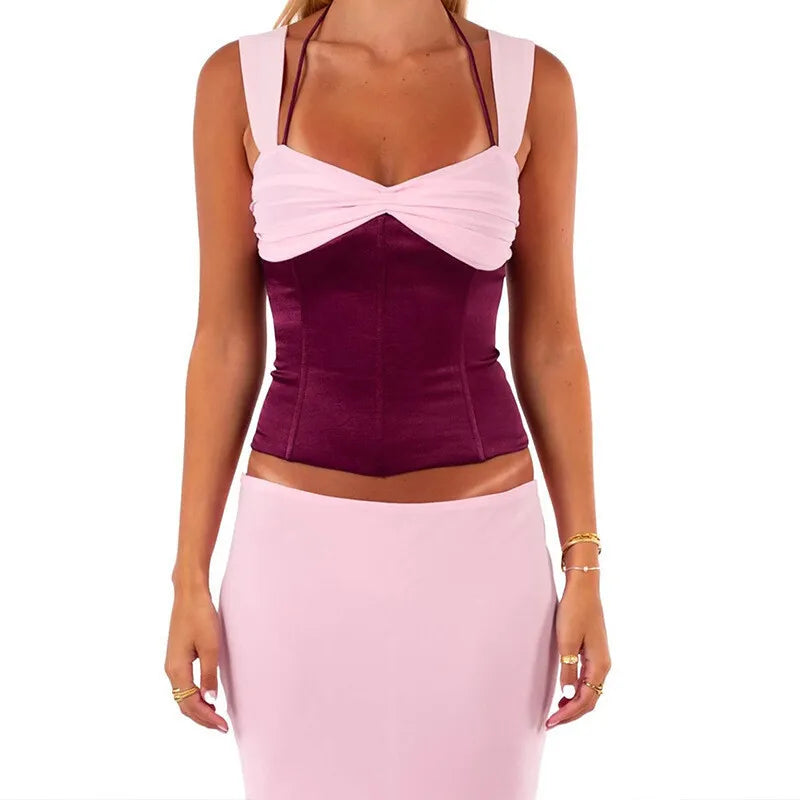 Patchwork Spaghetti Strap Two Piece Sets Skirt Suit Backless Top Long Skirt Slim Street