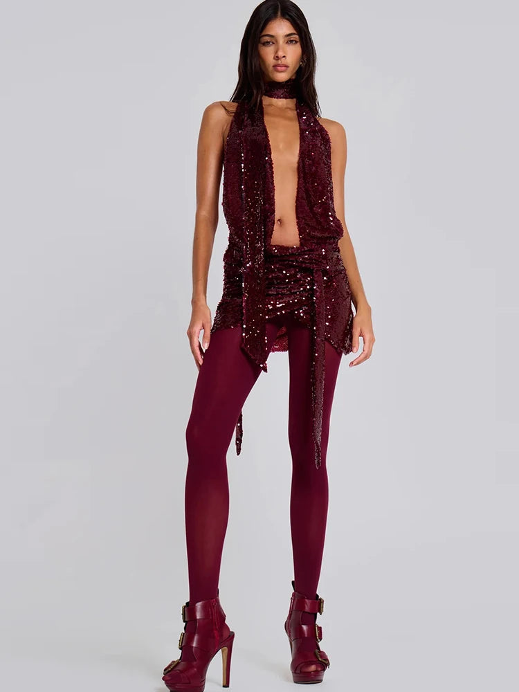 Sequins Deep V Neck Backless Mini Dress