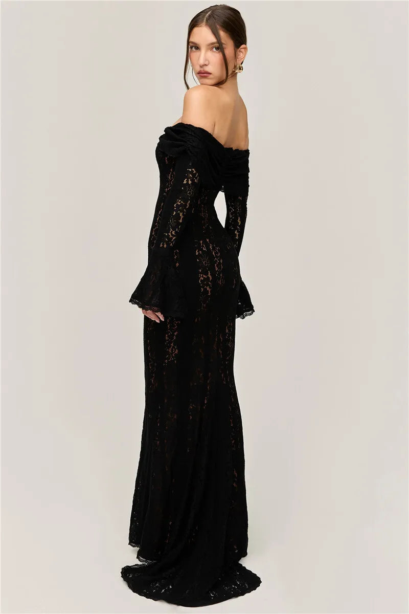 Lace Off-shoulder Maxi Dress Strapless Backless Long Sleeve Bodycon Evening Long Dress