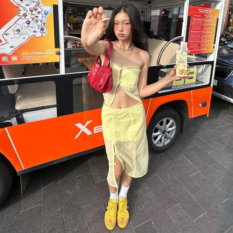Yellow Strapless Crop Top and High Waist Midi Skirt Set