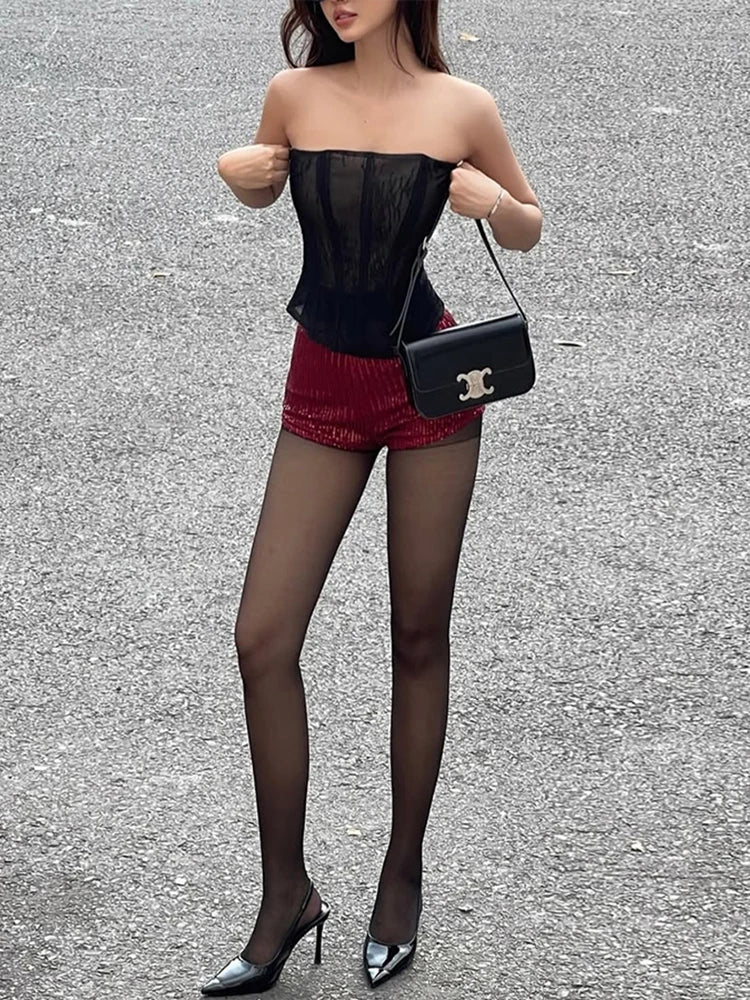 2-Piece Set Mesh Strapless Top Mini Sequins Shorts Midnight Midnight tie Matching Suits