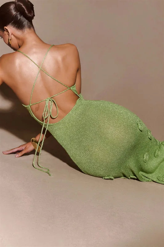 Knitted Backless 3D Flowers Dress Green Spaghetti Strap Long Dress