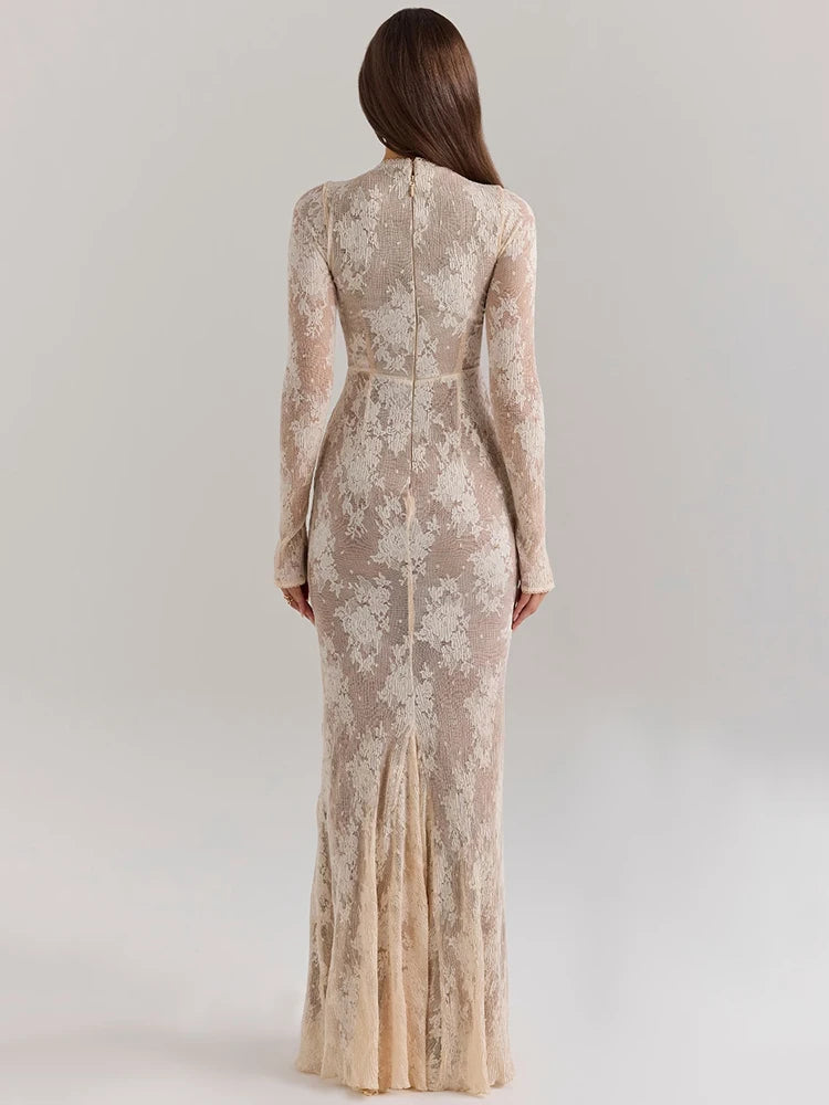 Lace Long Sleeve Maxi Dress White Zipper Half High Collar Bodycon Long Dress
