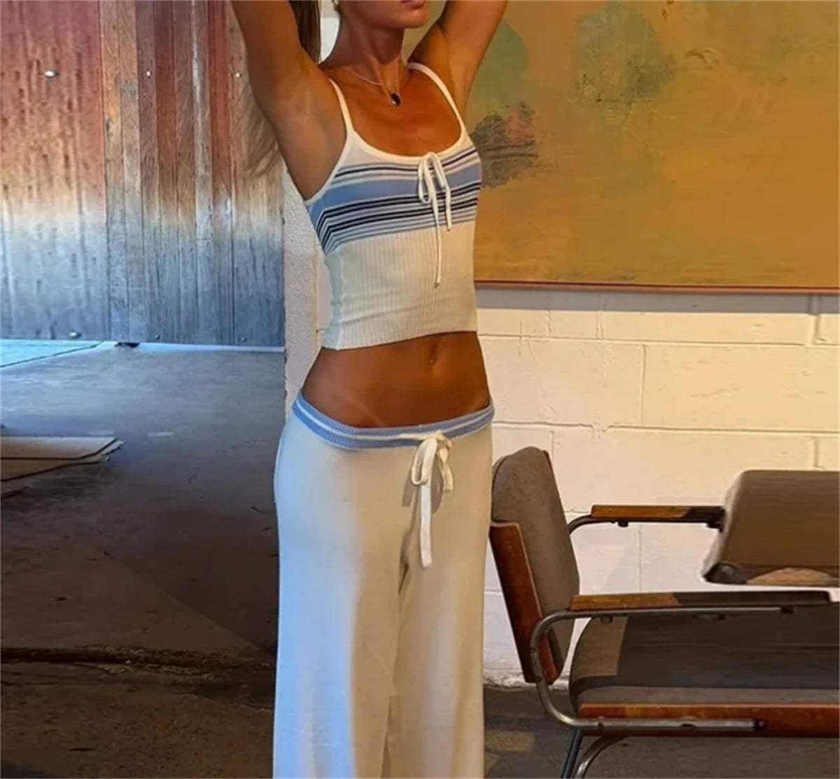 Petchwork Stripe Set Sleeveless O-neck Lace Up Vest High Waist Straight Pant Sets