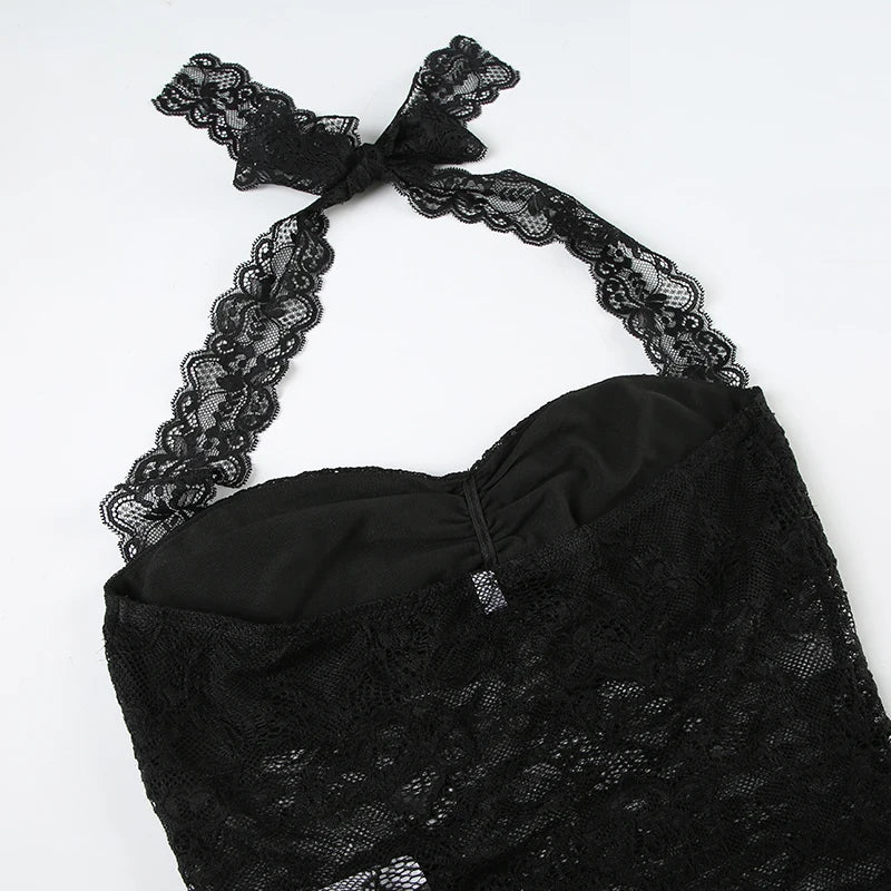 Lace Patchwork Camisoles Backless Transparent Slim Halter Neck Top