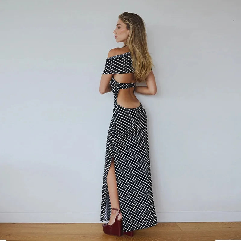 Black Polka Dot Backless Split Maxi Dress