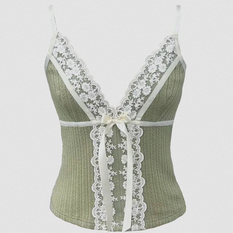 Ribbon Bow Lace V-Neck Top