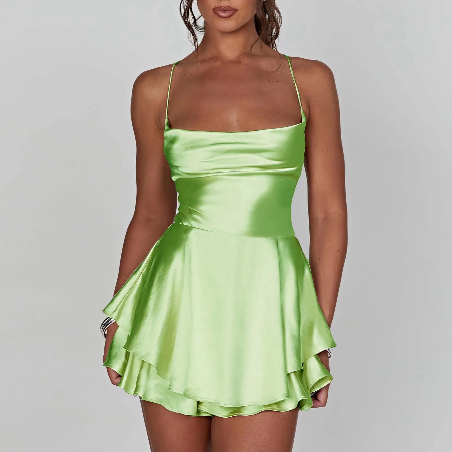Satin Spaghetti Strap Mini Dress Vintage Sleeveless Backless Lace-up A-line Short Dress Blub Dress