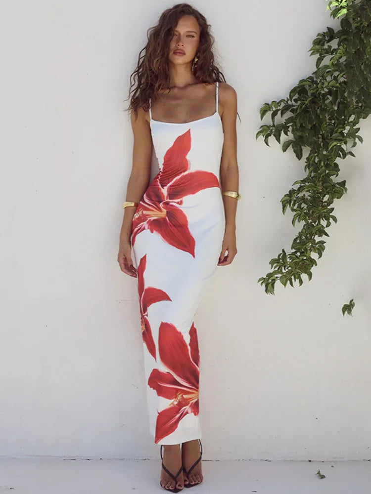 Floreal Long Dress Gown Spaghetti Strap Sleeveless Backless Bodycon Midi Dress