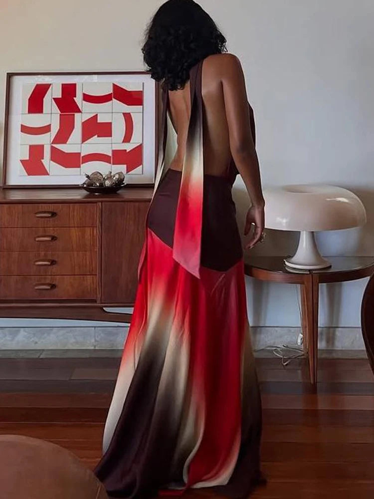 Contrat Patchwork Maxi Dress Halter Deep V-neck Backless Long