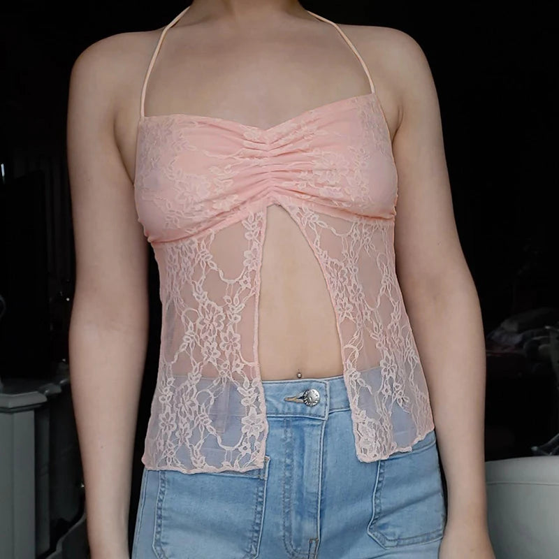 Backless Halter Neck Camisole Transparent Lace Slits Pink ing Lace-up
