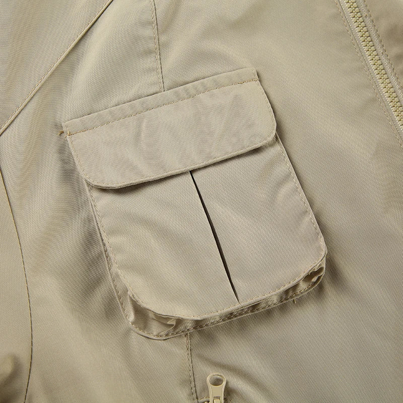 Patchwork Jackets Pockets Turn-down Collar 's Coats Zipper