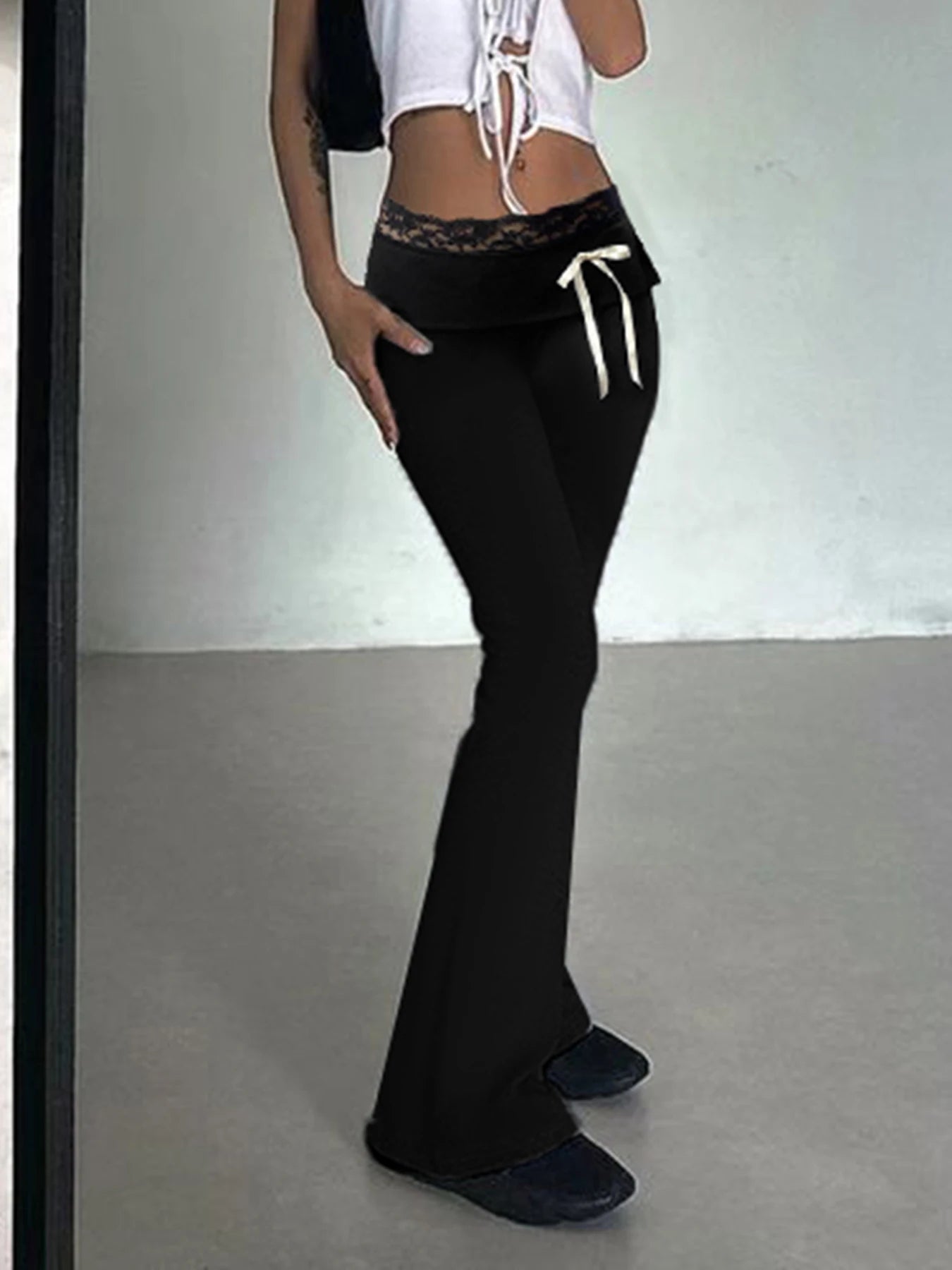 Lace Patchwork Bow Straight Pants Trousers Joggers Bottoms