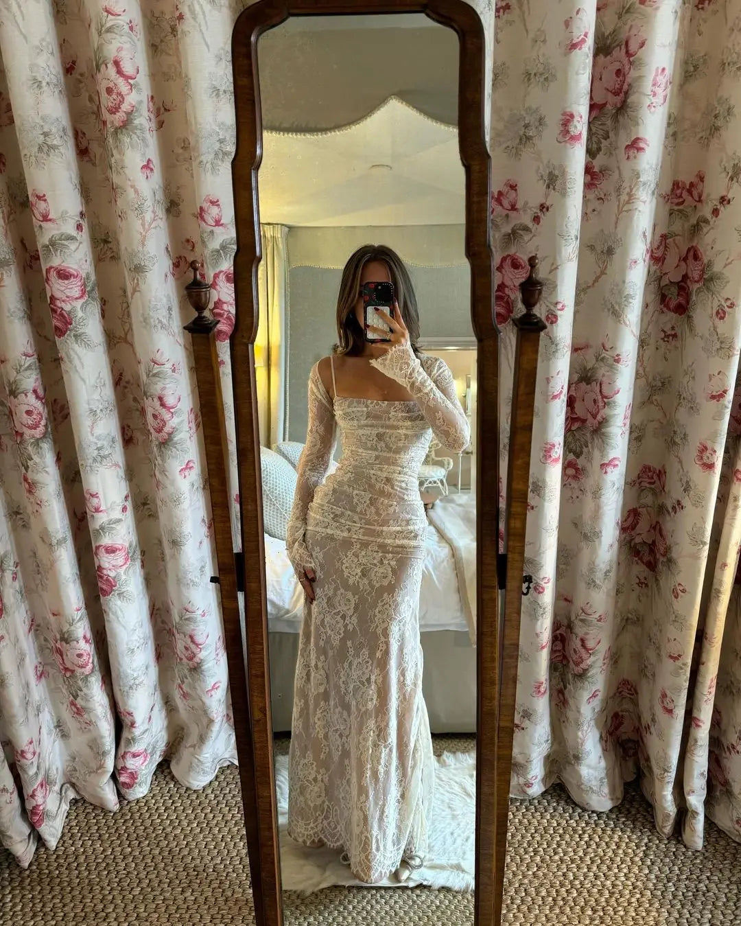 Lace Hollow Out Long Sleeve Two Piece Set