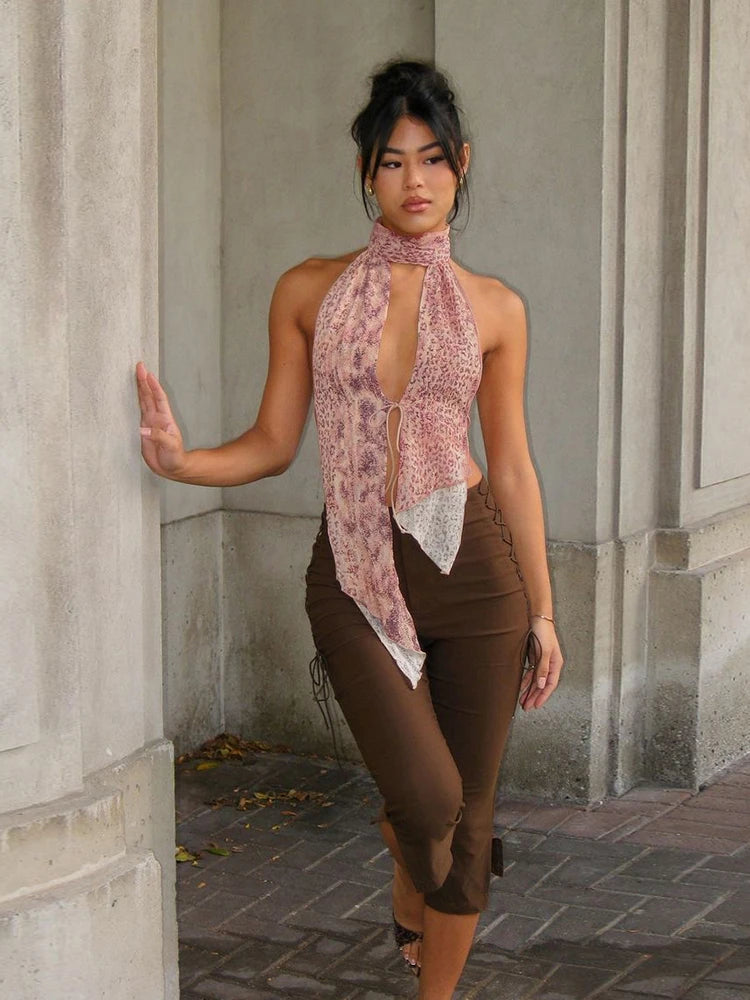 Leopard Print Backless Camisole Shirring Ruched Halter Sleeveless Slim Vest