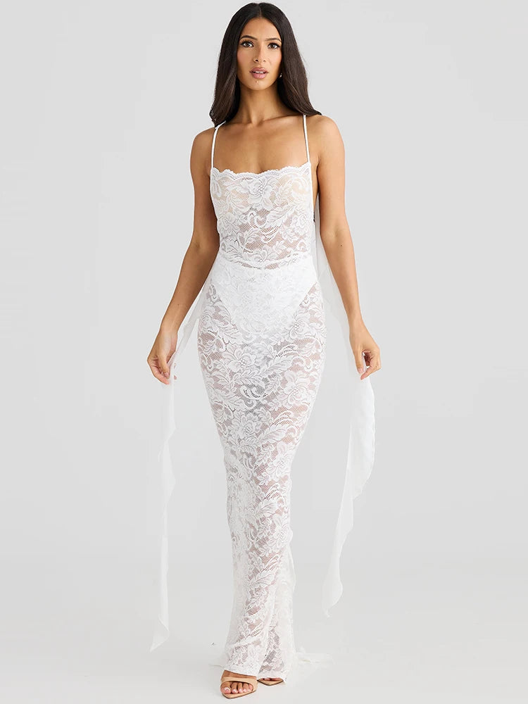 Lace See Through Camisole Maxi Dress For Ribbons Sleeveless Backless Slim Bodycon Long Dress Ladies Robes