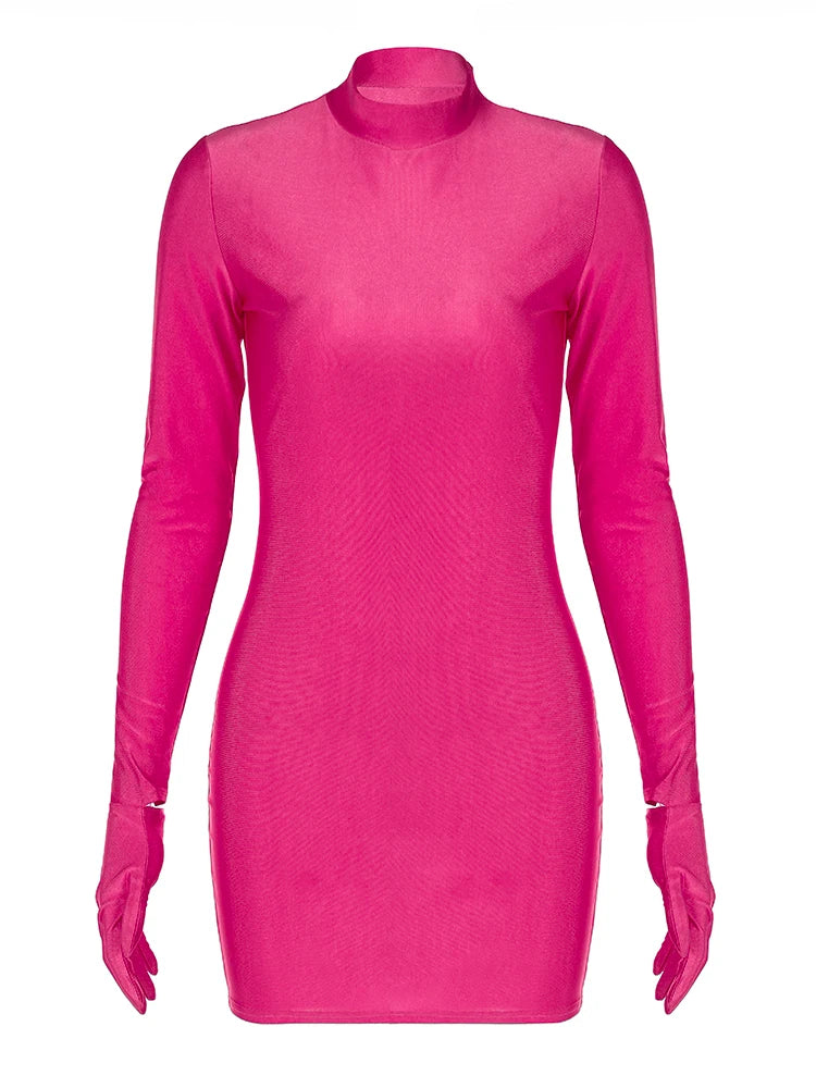 Long Sleeve With Gloves Mini Dress Bodycon Street Half Turtleneck