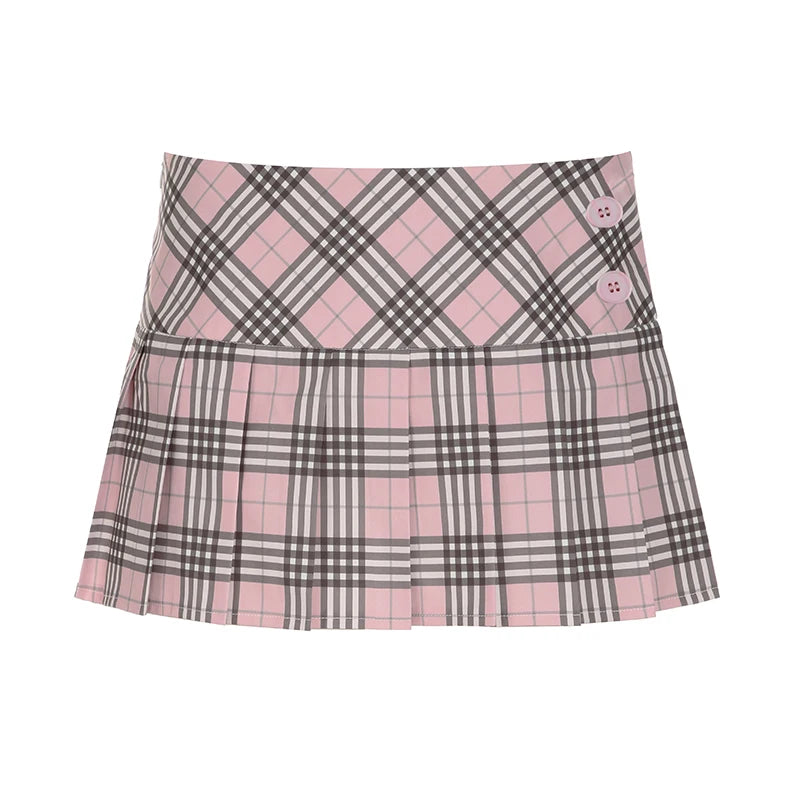 Preppy Plaid Skirts Buttons Pleated Bottoms Kawaii Mini Skirts