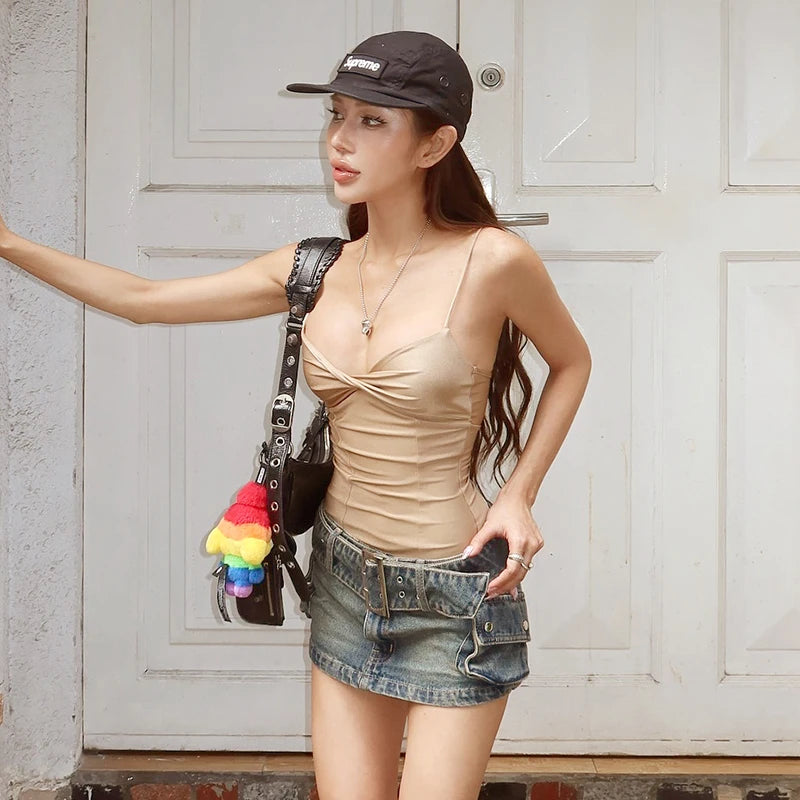 Camisole Undershirt Inner Retro Careful Machine Expos Collarbone Top Short Versatile