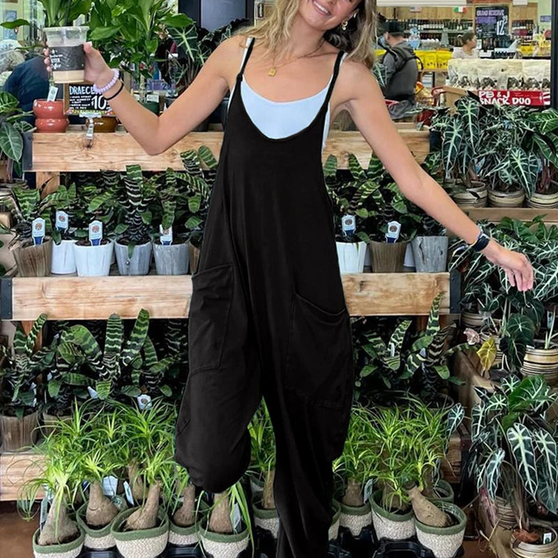 Black Loose Jumpsuits Sleeveless Pockets Overalls Leisure Rompers