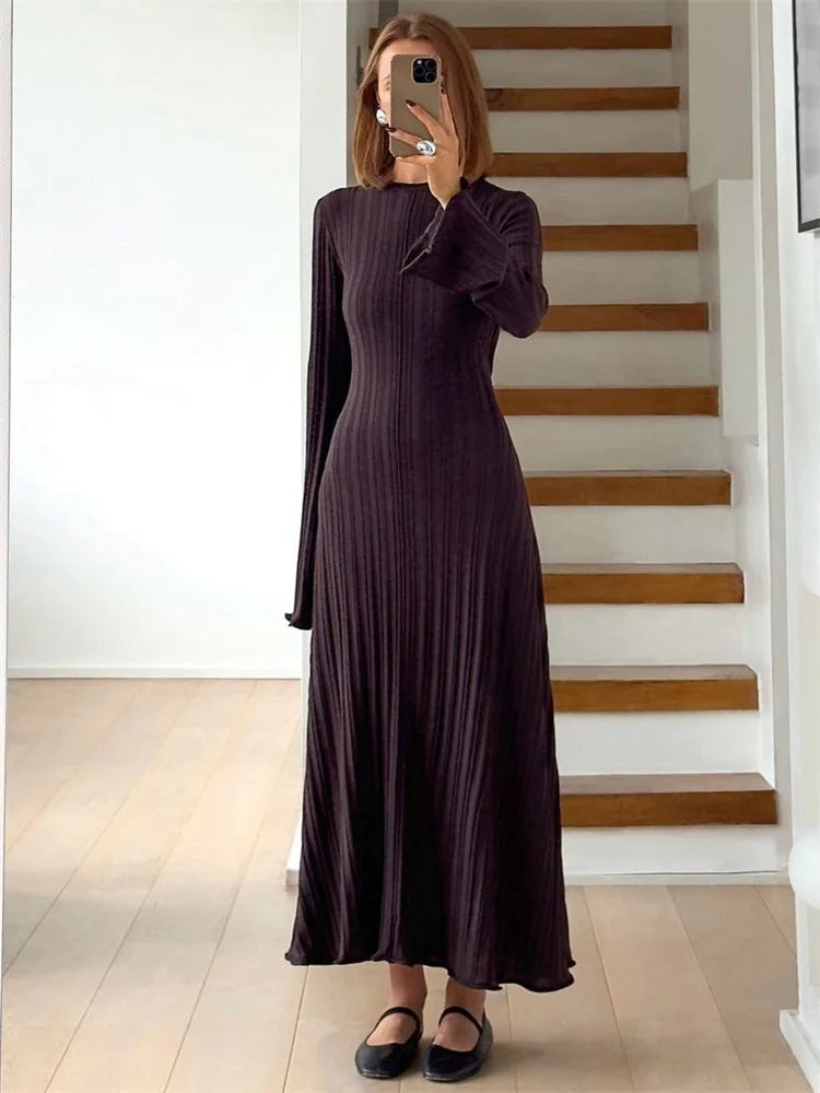 Knit Loose Maxi Dress Lace-Up High Waist Ribbed Long Sleeve Dress Knit Long Dress