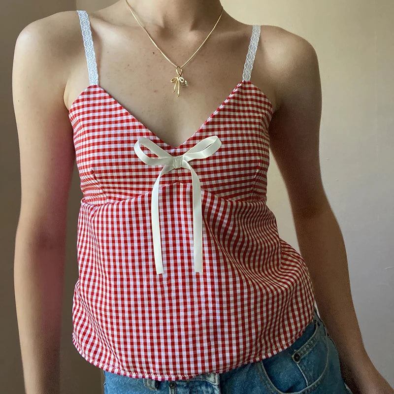 Plaid Print V-neck Camisole Bow Top Sleeveless