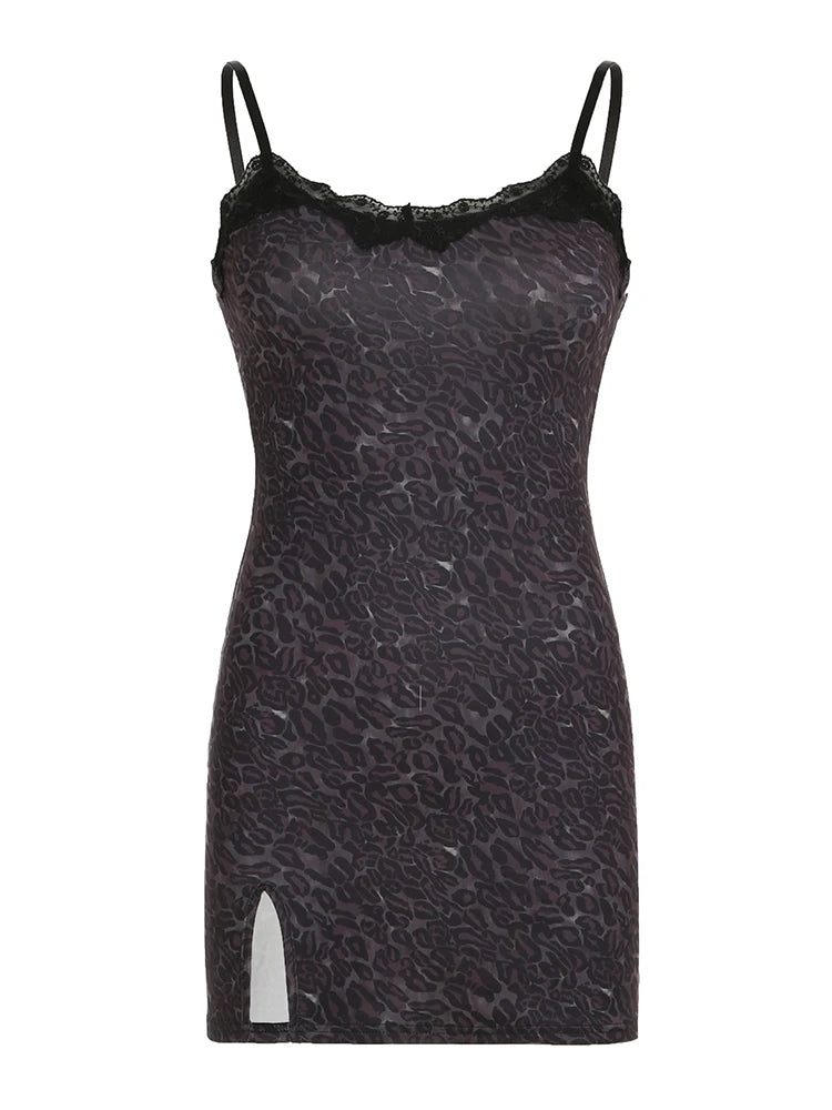 Leopard Print Mini Dress Lace Patchwork Bodycon 's Spaghetti Strap Evening Dress