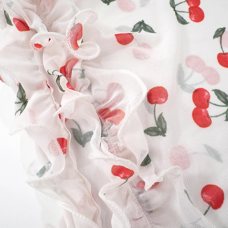 'S Spring/ Cherry Print Cake Edge See-Through Mesh Flare Pants tie Girls hearts