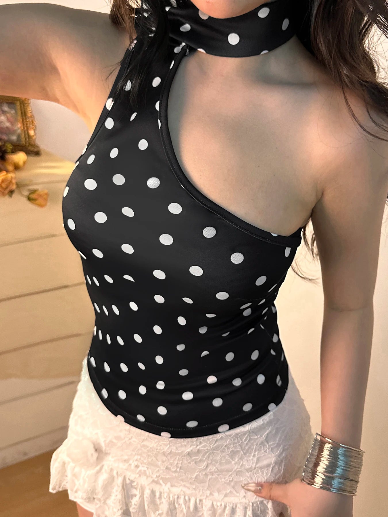 One shourlder Polka Dot Top Slim Backless Top