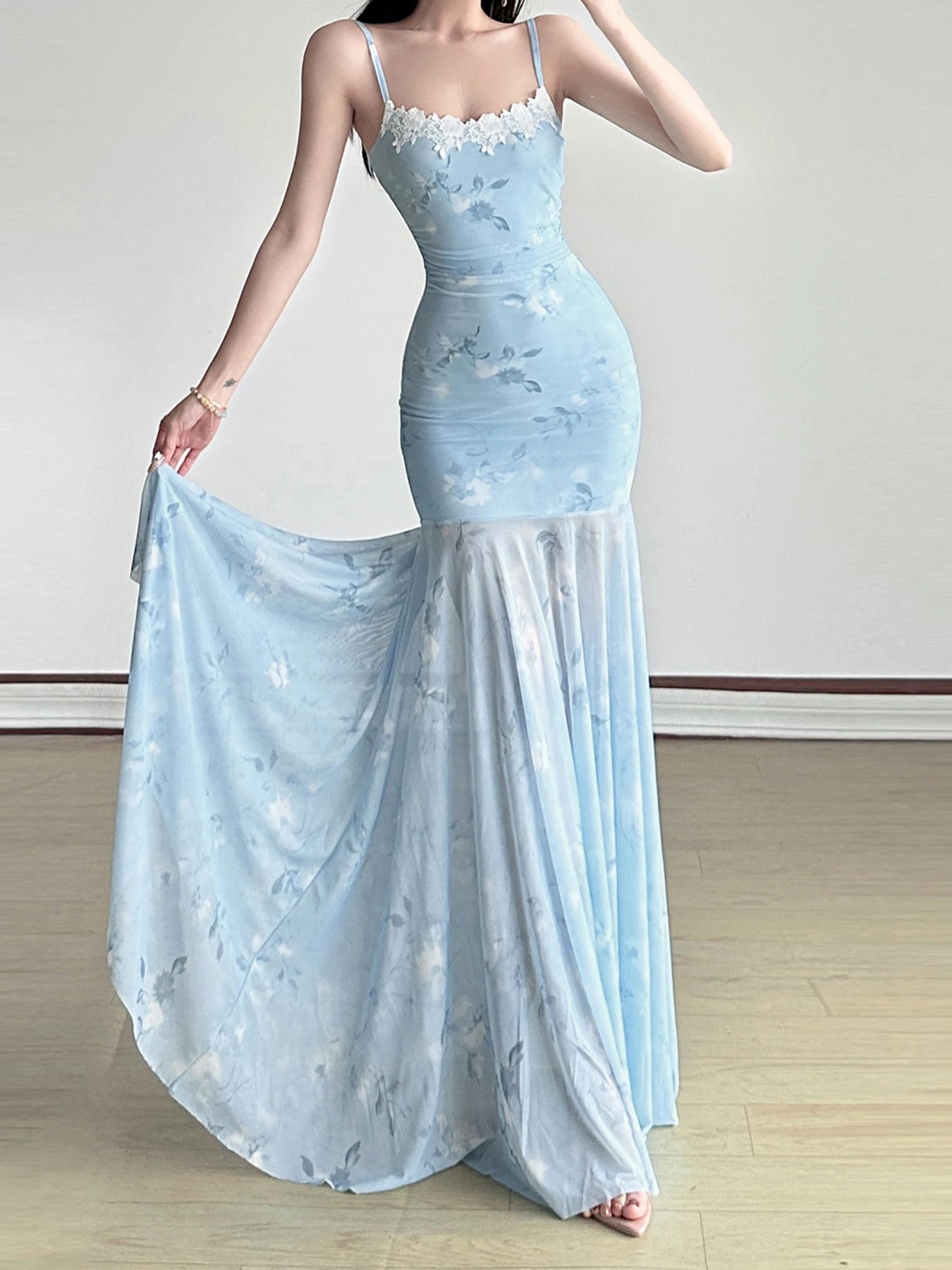 Lace Trim Mesh Dress Floral Slash Neck Sleeveless Maxi