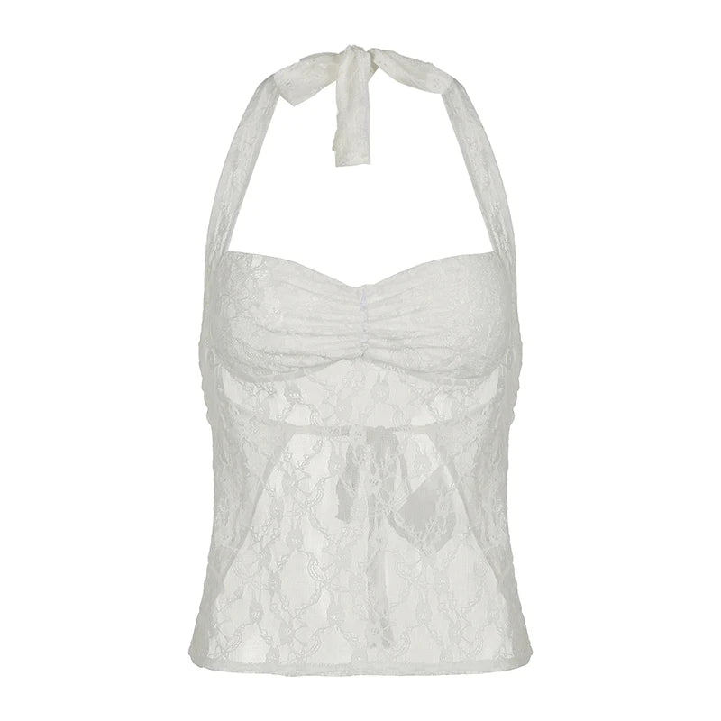 Lace Halter Camis Transparent Backless Lace-up Top