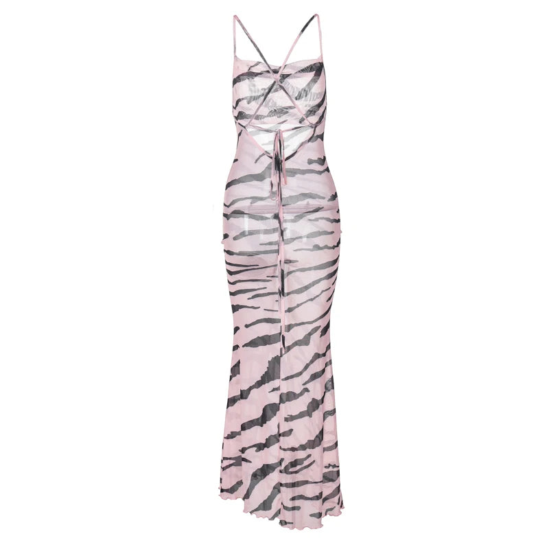 Mesh Zebra Backless Lace Up See Through Maxi Dress