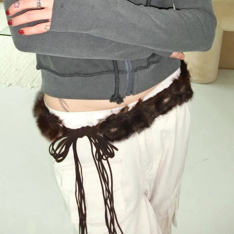 Retro Furry Belts Adjustable Accessories Drawstring Belts