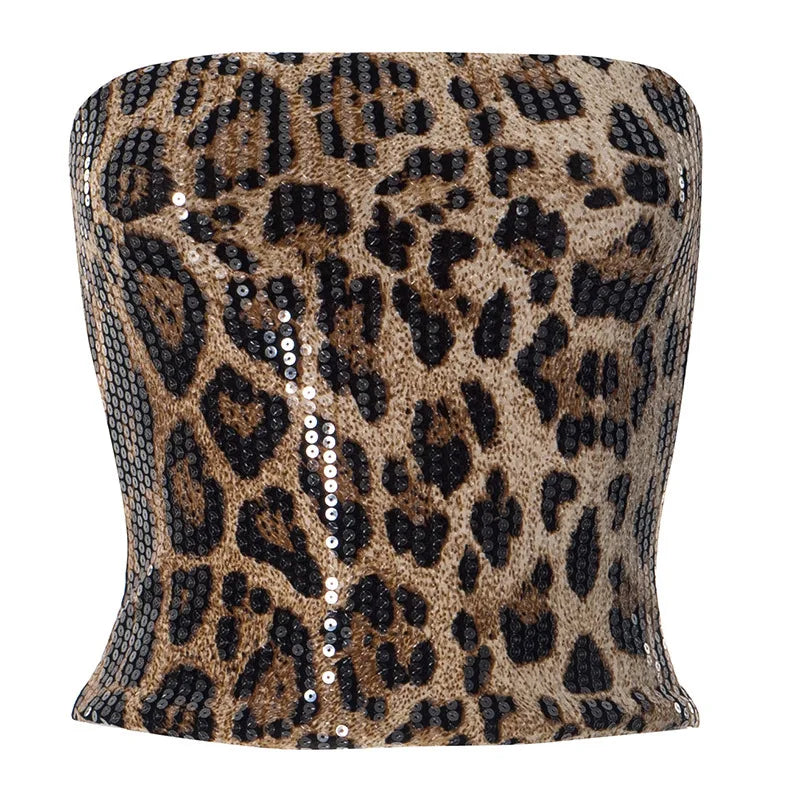 Leopard Strapless Sequin Backless Top