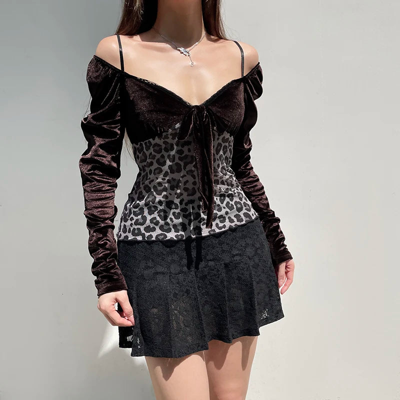 Lace Patchwork Leopard print T-shirts Lace-up Long Sleeves Strap Retro Top