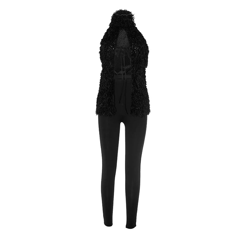 Spring 'S Color Hanging Neck Hair Tie Rope Split Navel Top High Waisted Tight Pants Set