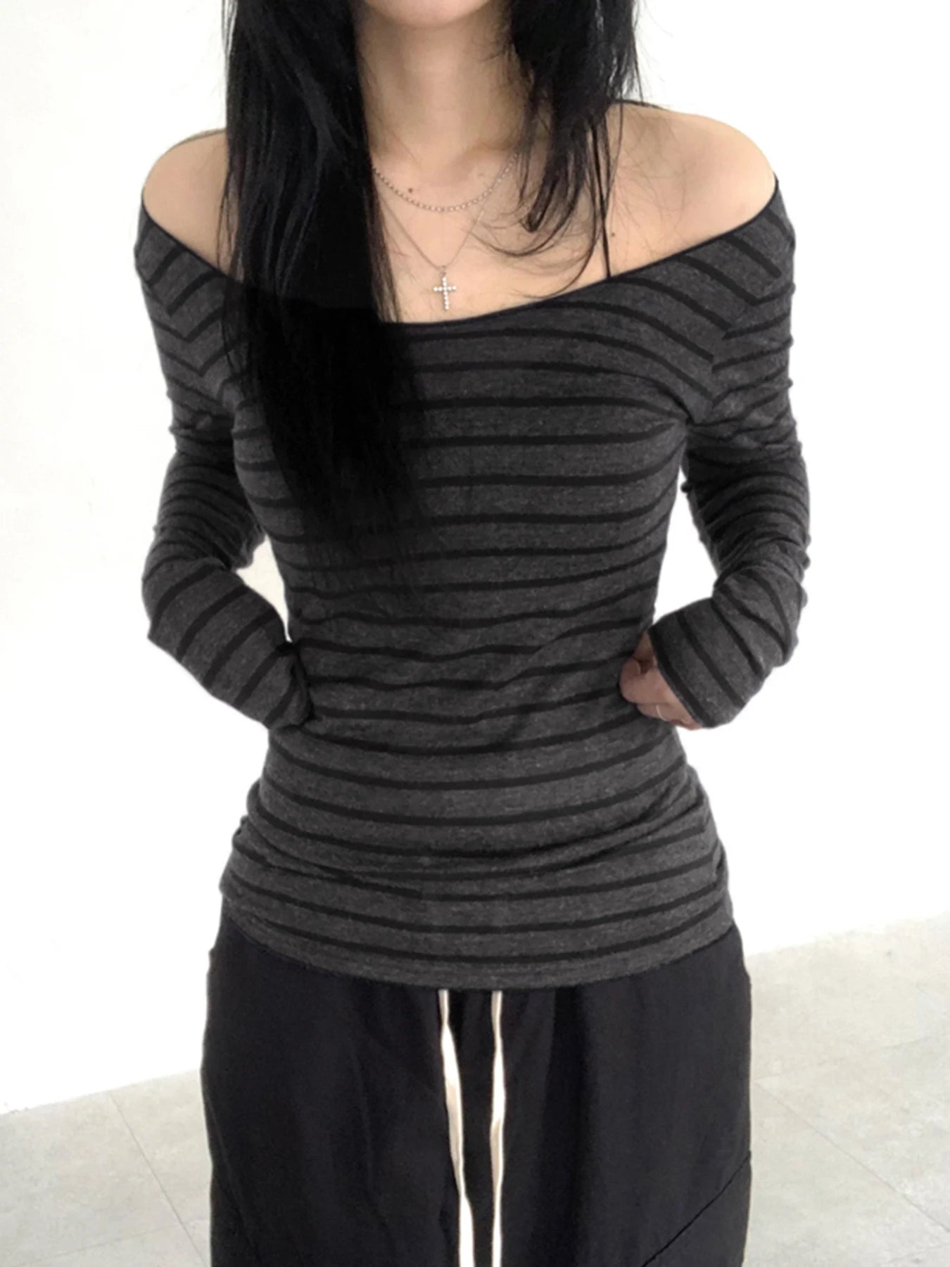 Strip Long Sleeve Tee Shirt Crewneck Slim