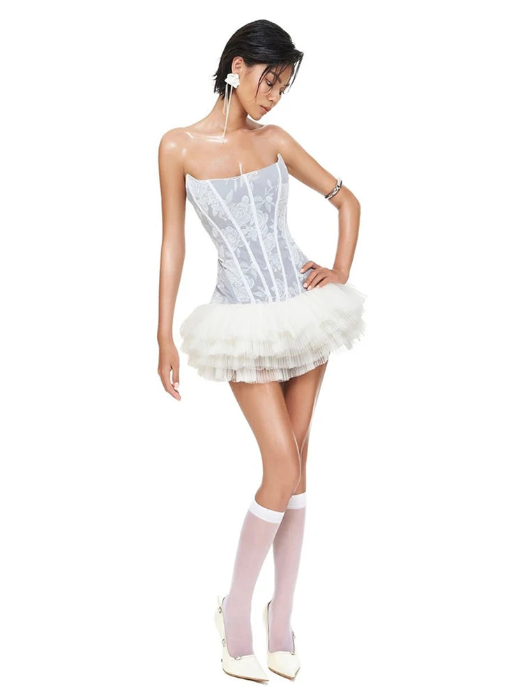 Patchwork Dress Anti-Fishbone Flower Dark Lines Bandeau Multi-Layered Pleats Fluffy Sweet Mini Bodycon