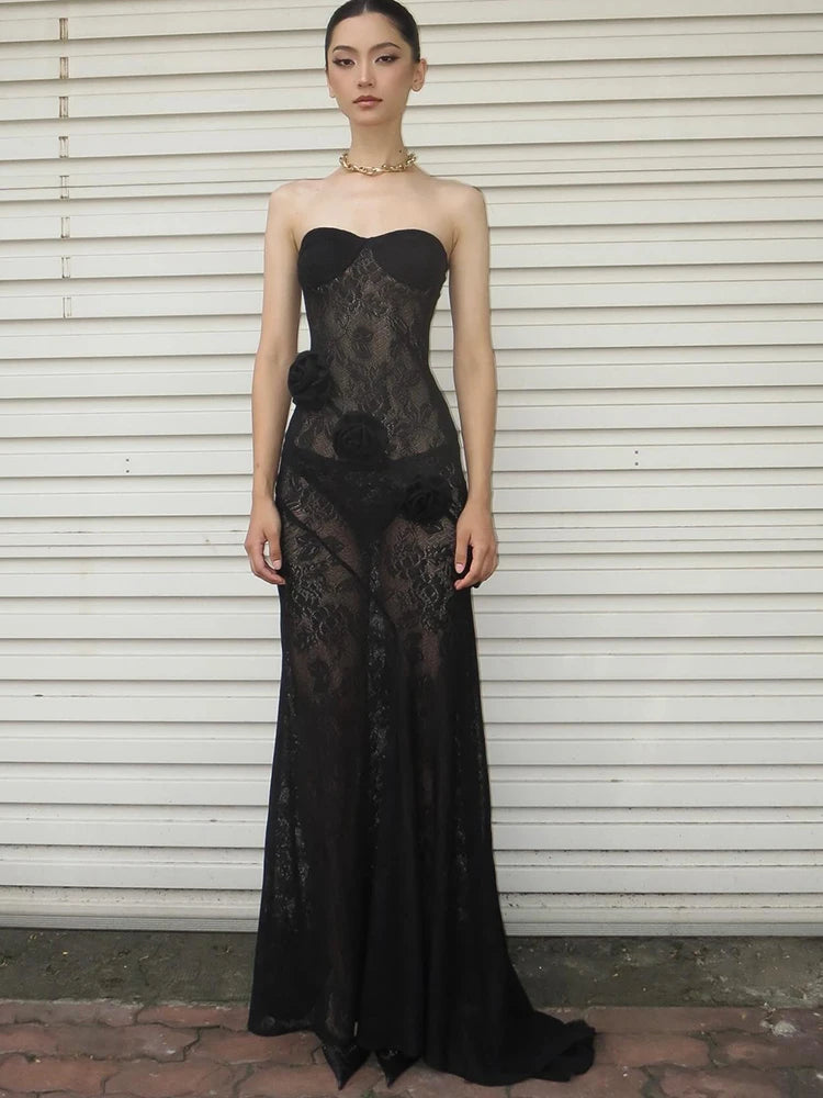 Strapless Transparent Lace Flowers Maxi Dress Backless Evening Dress