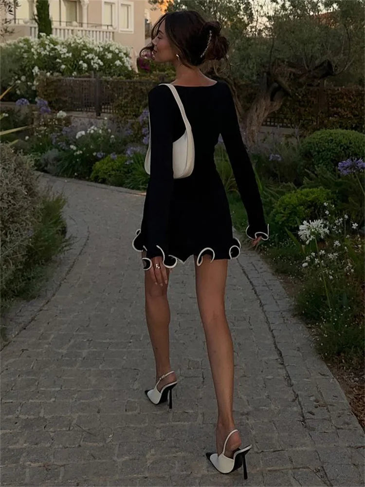 Knit Mini Dress Ruffled High Waist Slim Dress Patchwork Knit Sweater Dress