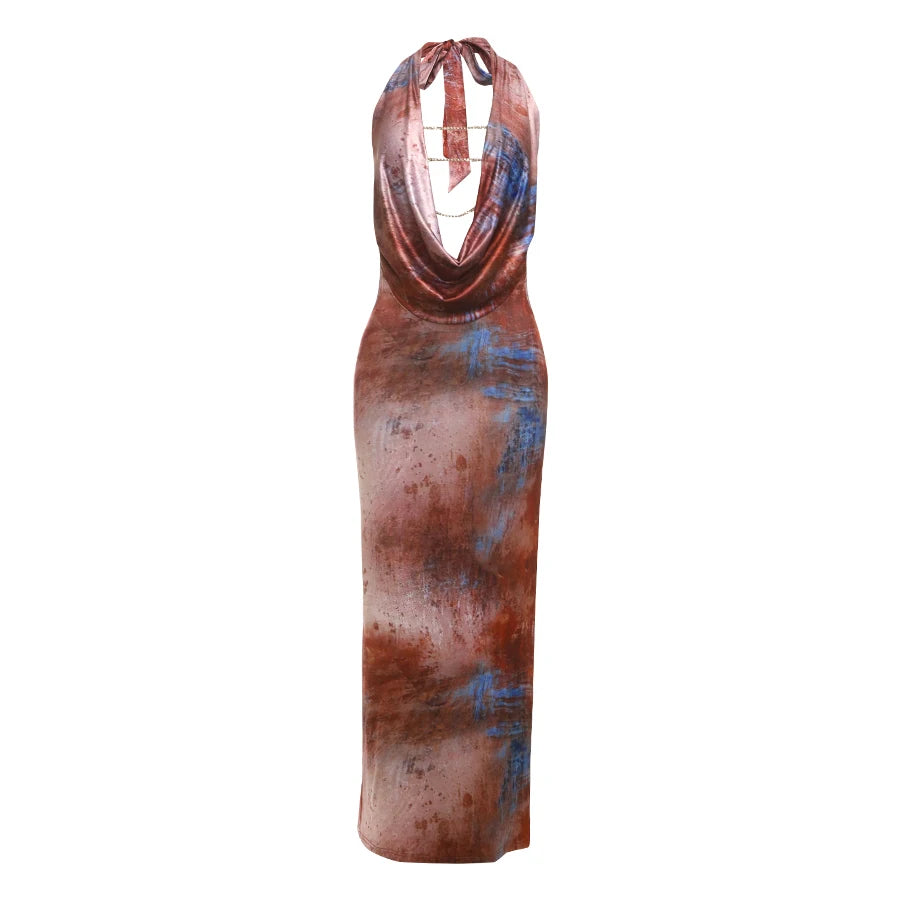 Tie-Dye Dress Halter Metal Chains Patchwork Backless Long Bodycon