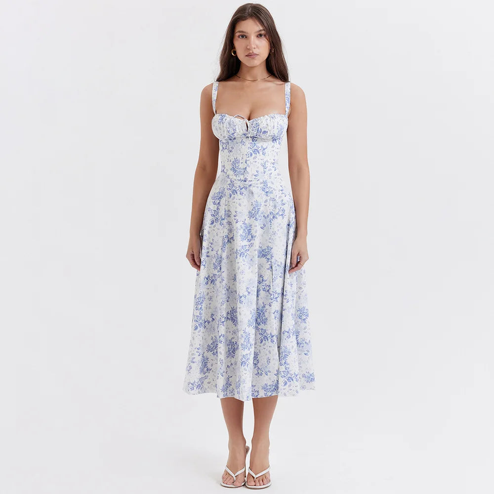 Floral Dress Midi Spaghetti Strap Lace Up Dress A Line