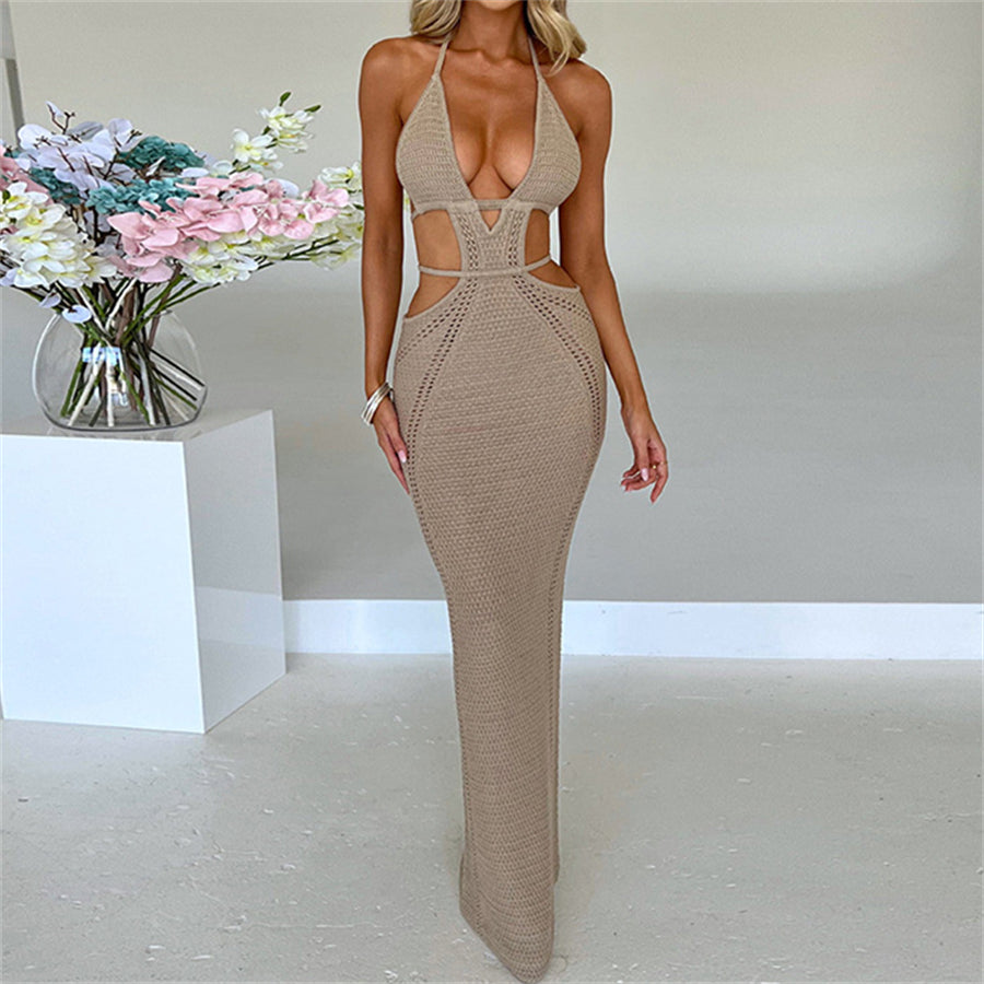 Halter Tie-up Knit Crochet Dress Backless Sleeveless Deep V Cutout Waist Wrapped Bodycon Dress