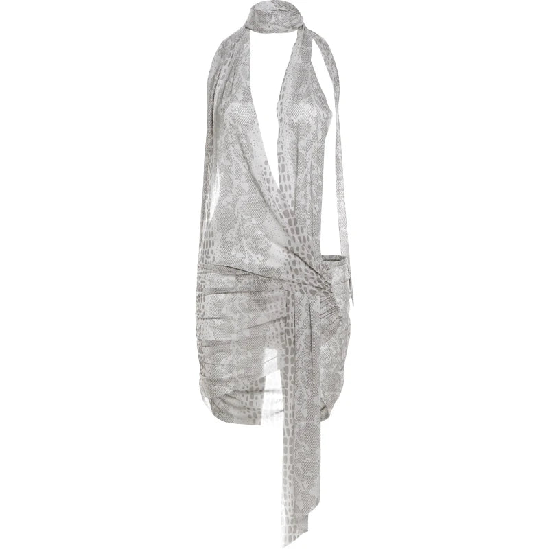 Snake Print Dress See Through Irregular Halter Ruched Backless Ribbon Bodycon